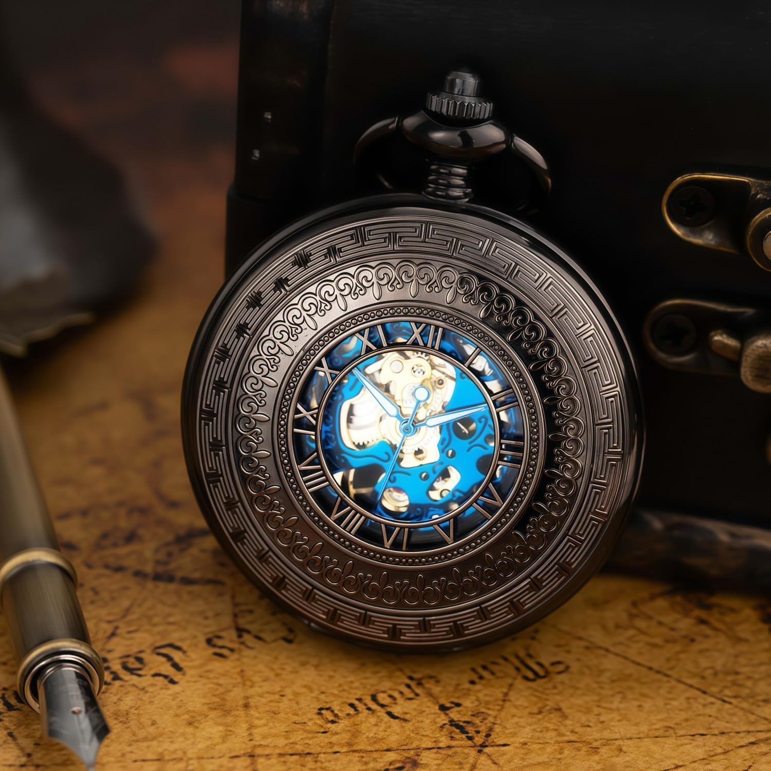 Steampunk zegarek kieszonkowy szkielet mechaniczna przekładnia ręcznie wiatr cyfry rzymskie antyczny łańcuszek męski