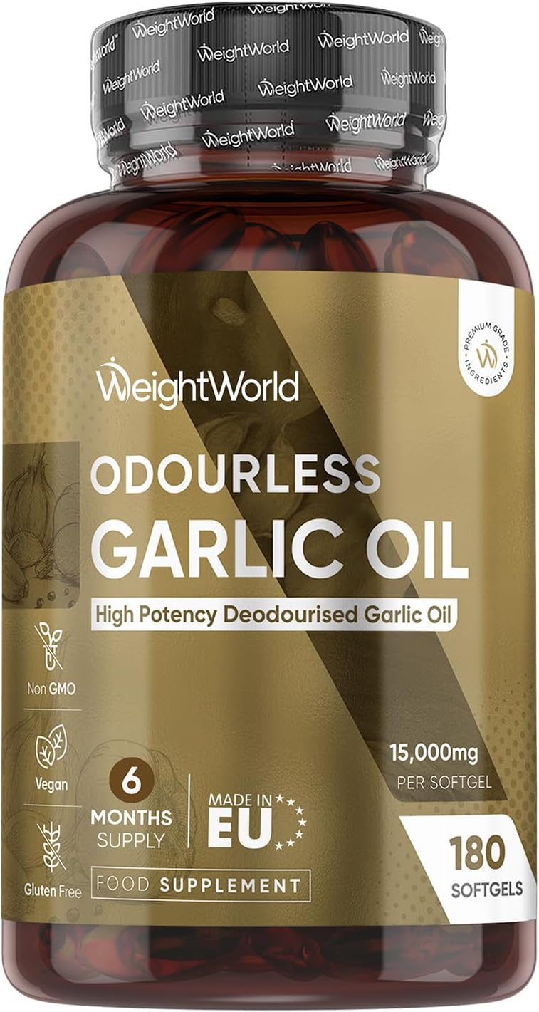 Odourless Garlic Oil Softgels | 6 Months Supply | 180 Softgels | 15000mg | Rich in Allicin (3mg) | 1 a Day | Cold-Pressed, Vegan & Gluten-Free | Odourless Garlic Capsules for Adults | Made in EU