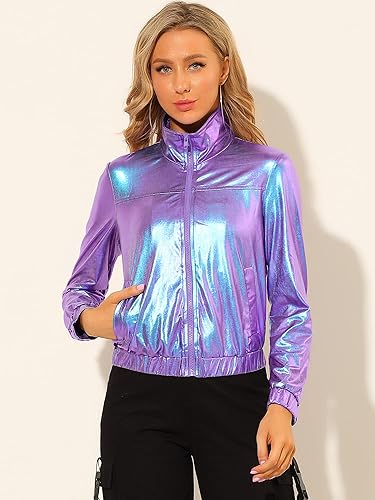 Miniatura 3 de Allegra K Chaqueta metálica holográfica brillante para mujer, manga larga, ligera, con cremallera