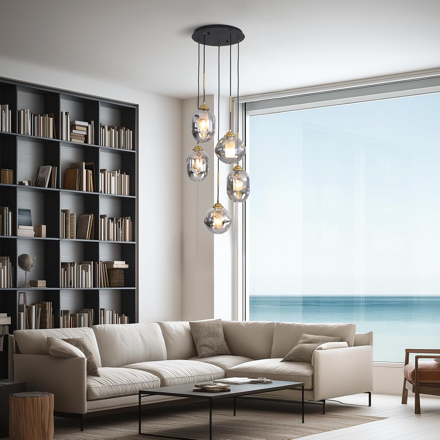 Staircase Modern Glass Globe Pendant Light,5 Light Globe Cluster Chandelier with Frosted Smoke Gray Glass Shades,Black Chandelier High Ceiling Lights Fixtures for Dining Room,Entryway