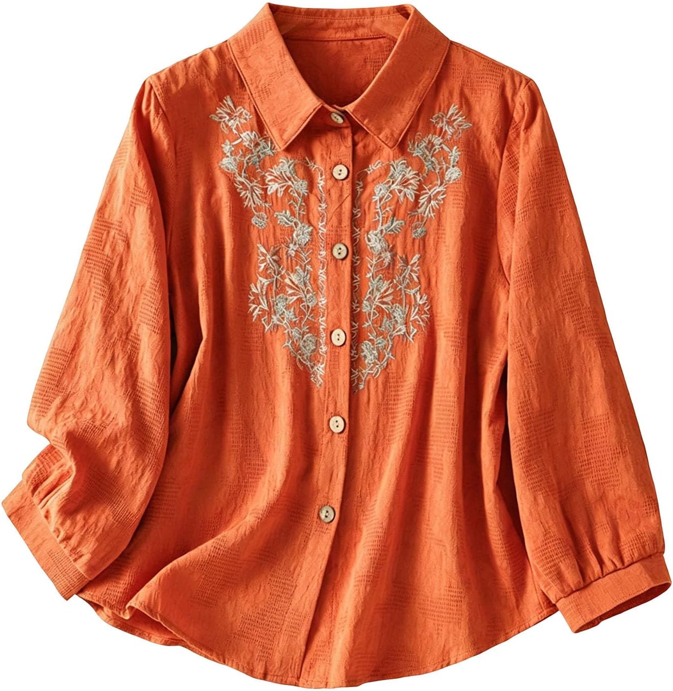 Womens 3/4 Sleeve Collared Floral Embroidered Linen Shirts | Vintage Floral Embroidered Tunic Tops, Gathered Cuff Loose Fit Blouses, Boho Vacation Casual Work Outfits