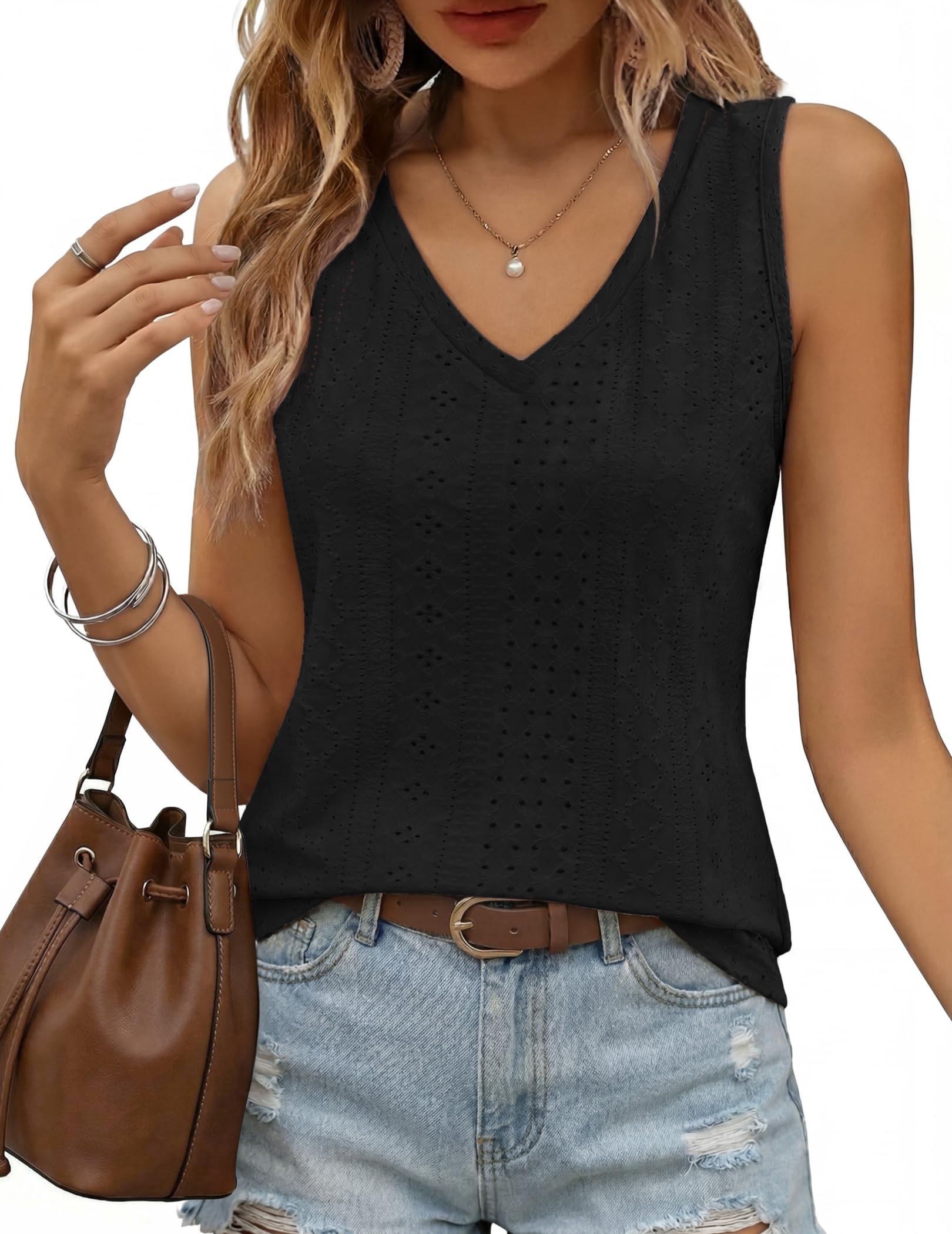 Zeagoo Top Damen Sommer Elegant V-Ausschnitt Tanktop Ärmellose Casual Blusetop Sommertop Locker Trägershirt Ösenstoff Basic Sexy Oberteil