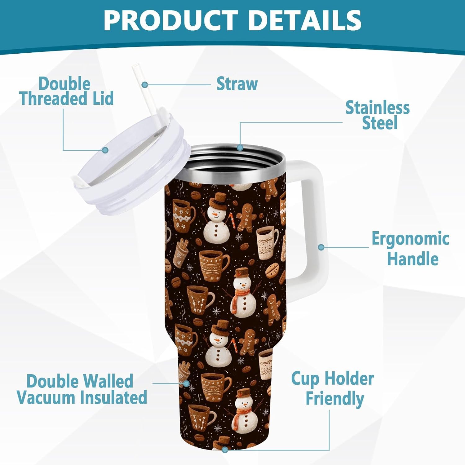 Boccsty Christmas Coffee Bean Snowman Insulated Tumblers Gingerbread Reusable Stainless Steel Tumbler 40 oz Cup Travel Mug Water Bottle with Handle & Flip Straw for Home Office Car