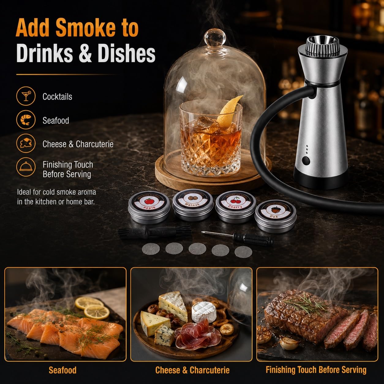 Ahumador de Cócteles y Whisky Kit Pistola de Ahumado en Frío Recargable USB-C Infusor de Humo Portátil para Bebidas Carne Queso y Comida Barbacoa Interior Bar Casa