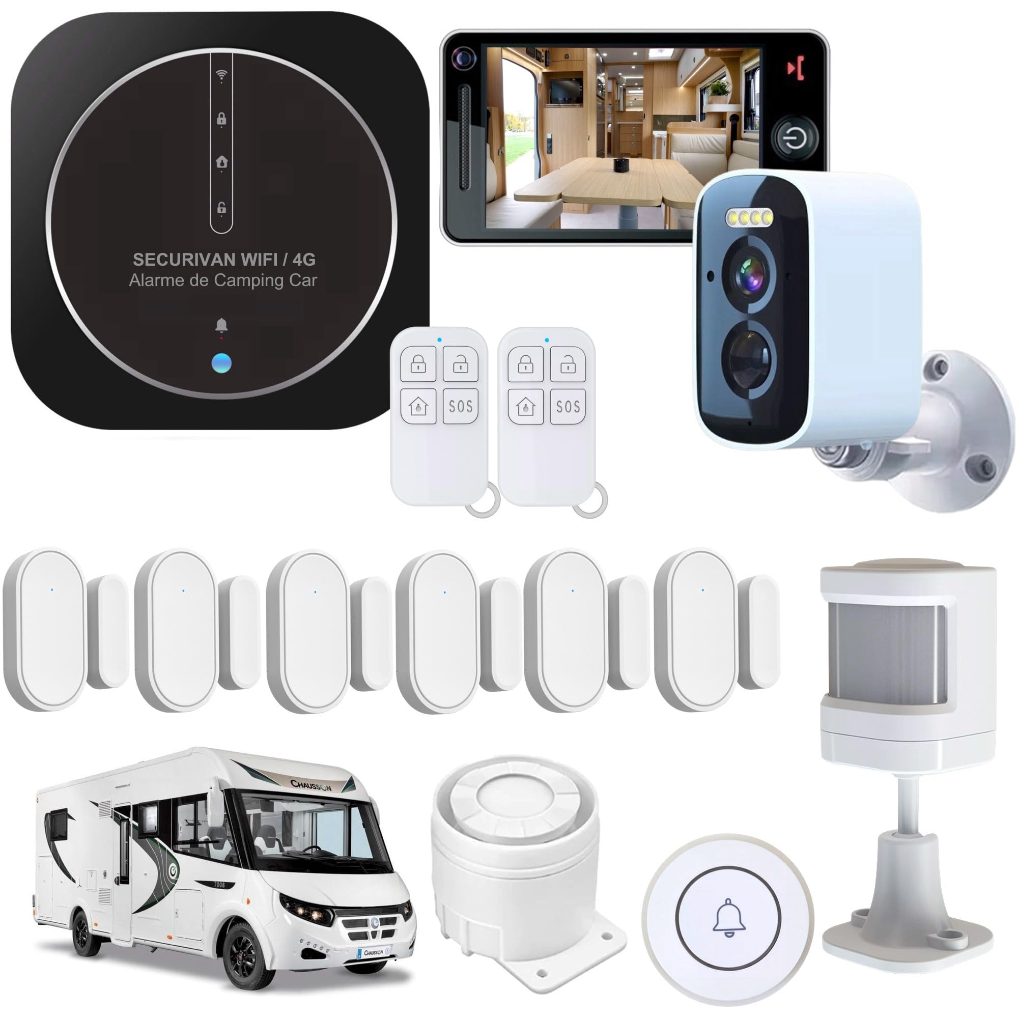 Alarme de Camping Car – WIFI/4G – Surveillance 24h/24h –1 Camèra de Surveillance Autonome – Adapté aux cloison Alu/Polyeste - 2 Sirènes - Pas de Fausse Alarme – Expédiée programmée