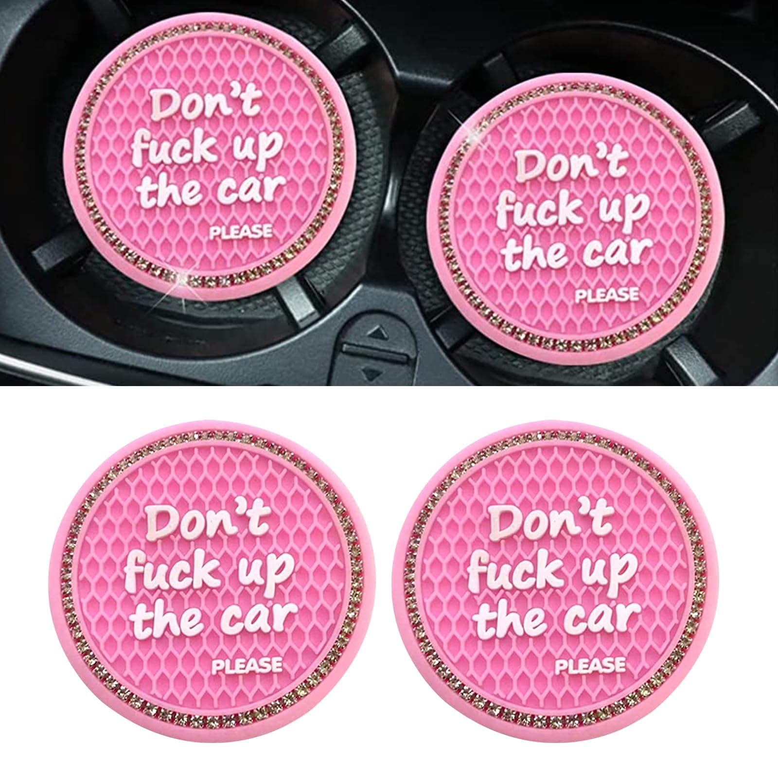 2 PCS Bling Car Coaster, 2.75" Silicone Insulation Drink Mat, Crystal Rhinestone Honeycomb Texture Coaster, Non-Slip Insert Coaster Pad Compatible with Most Cars and Trucks (Pink)