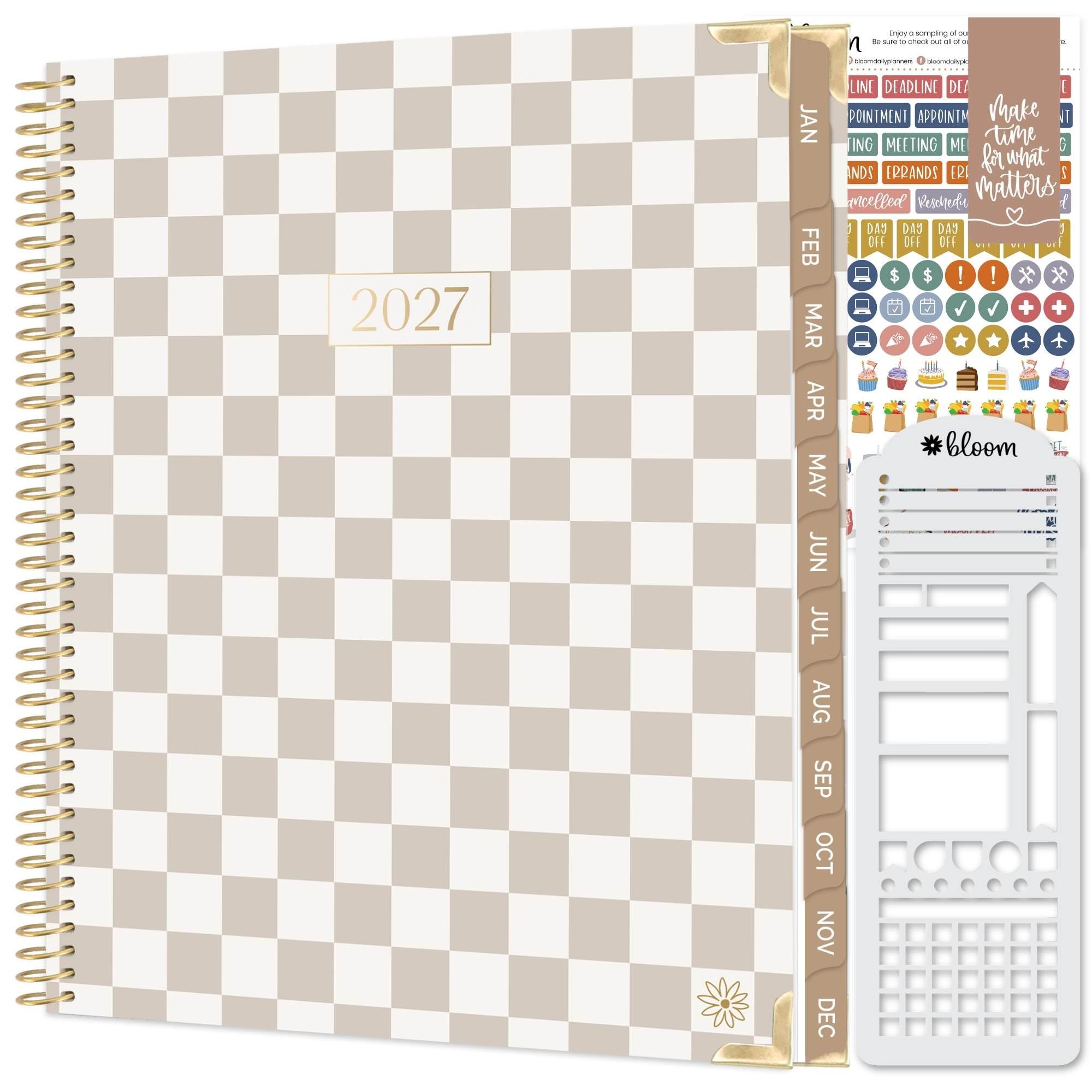 HARDCOVER Planner 2027 & Stencil - 8.5” x 11" Calendar Year (January - December) Task Goal Planner for Women - Monthly & Weekly Inspirational Agenda Book with Stickers - Checkered, Café