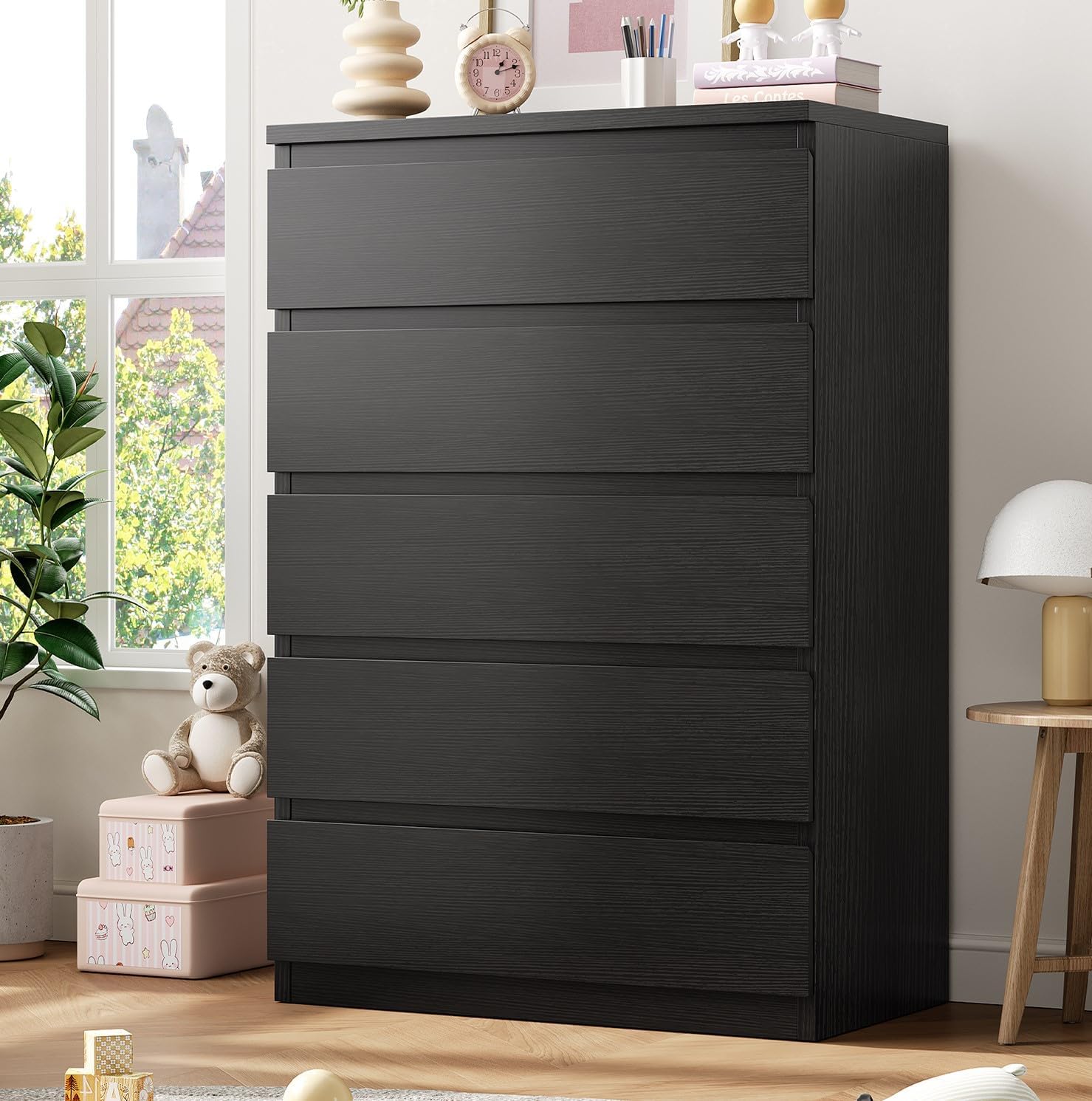 Black 5 Drawer Dresser for Bedroom, 15" D x 23.7" W x 40.4" H in Simply Chest of Drawers, Wood Storage Dresser with Drawers for Living Room Hallway Entryway, Black