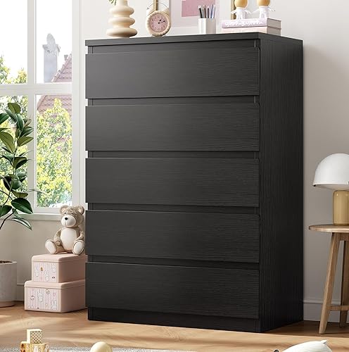 Jocoevol Black 5 Drawer Dresser for Bedroom, 15" D x 23.7" W x 40.4" H in Simply Chest of Drawers, Wood Storage Dresser with Drawers for Living Room Hallway Entryway, Black