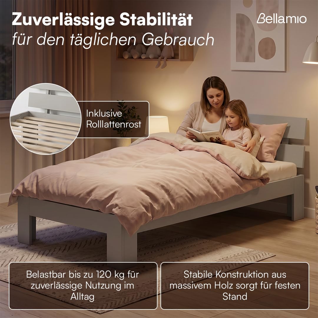 Bellamio Kavir Holzbett 90x200 cm – Massivholzbett mit Lattenrost – Bett aus Kiefer Massivholz in grau lackiert – Bettgestell mit Bettkopf – Stabiler Bettrahmen bis 120 kg – geeignet als Einzelbett
