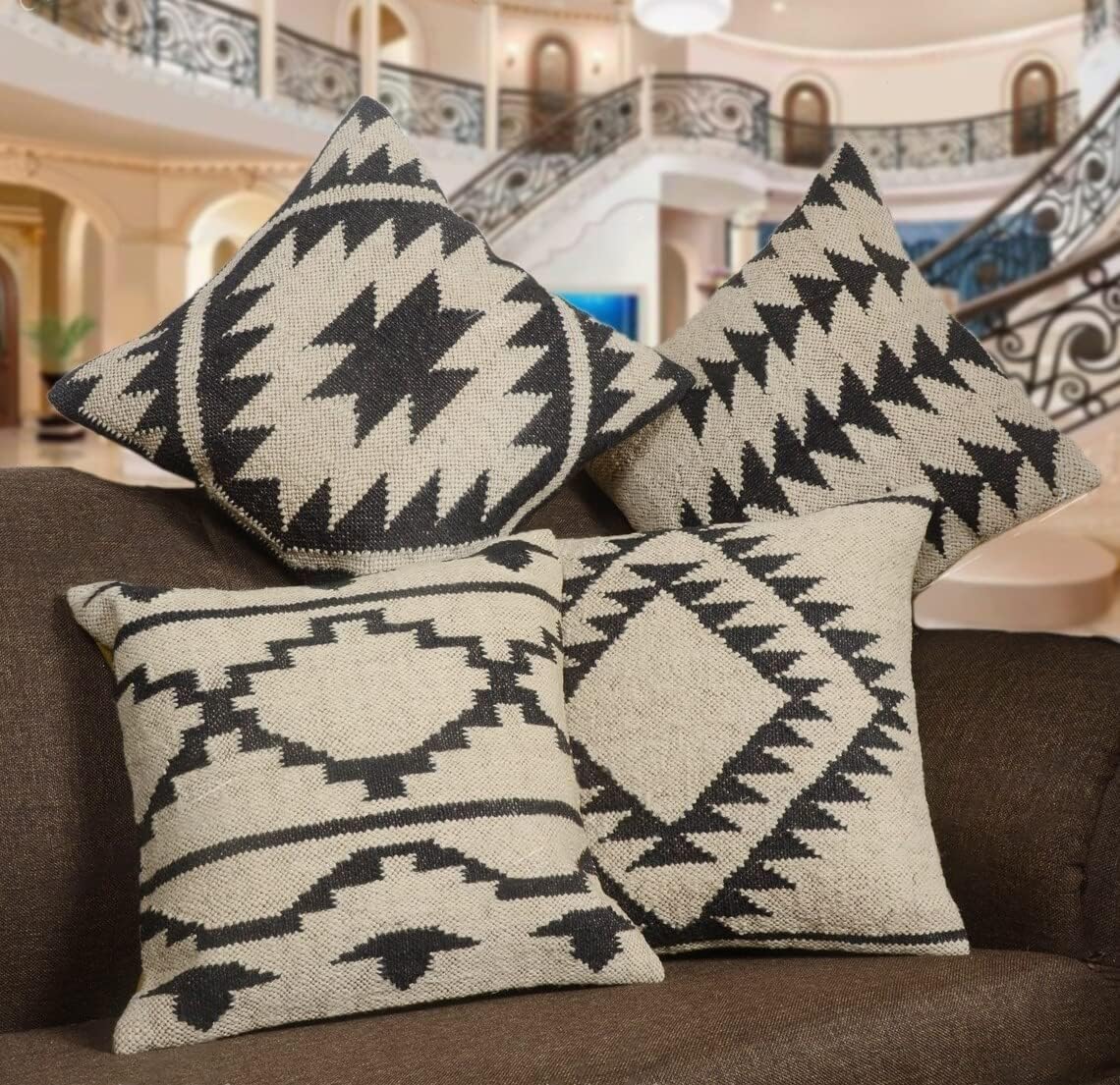 Boho Throw Pillow Covers Set of 4 | Handcrafted Kilim Wool & Jute Cushion Covers | 18x18 Inch Ethnic Decorative Pillowcases for Sofa, Couch, Bedroom & Living Room – Pattern 12