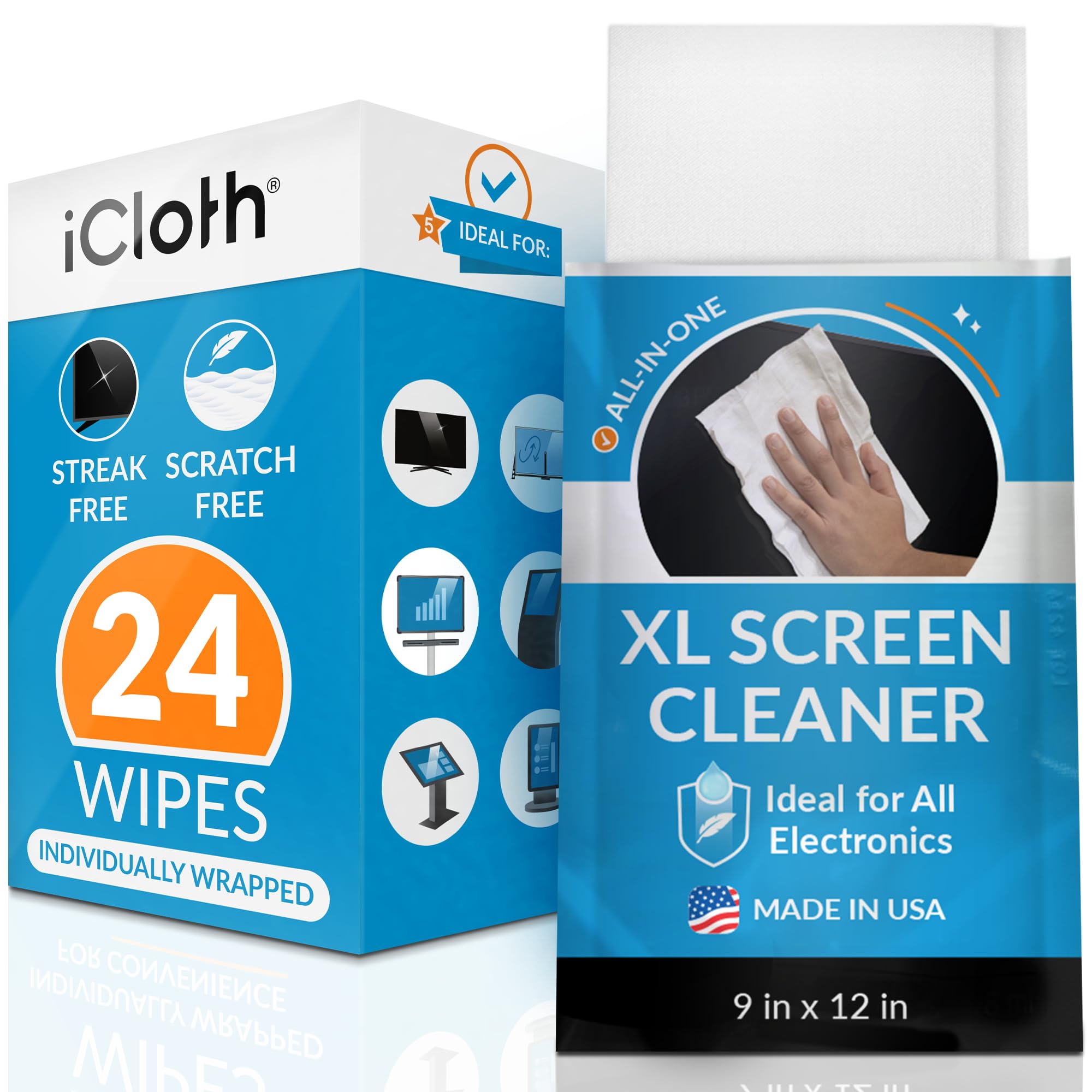 iCloth XL Screen Cleaning Wipes, Lint-Free and Streak-Free, Fast-Drying, Removes Dust, Fingerprints, and Smudges (24 XL Wipes)