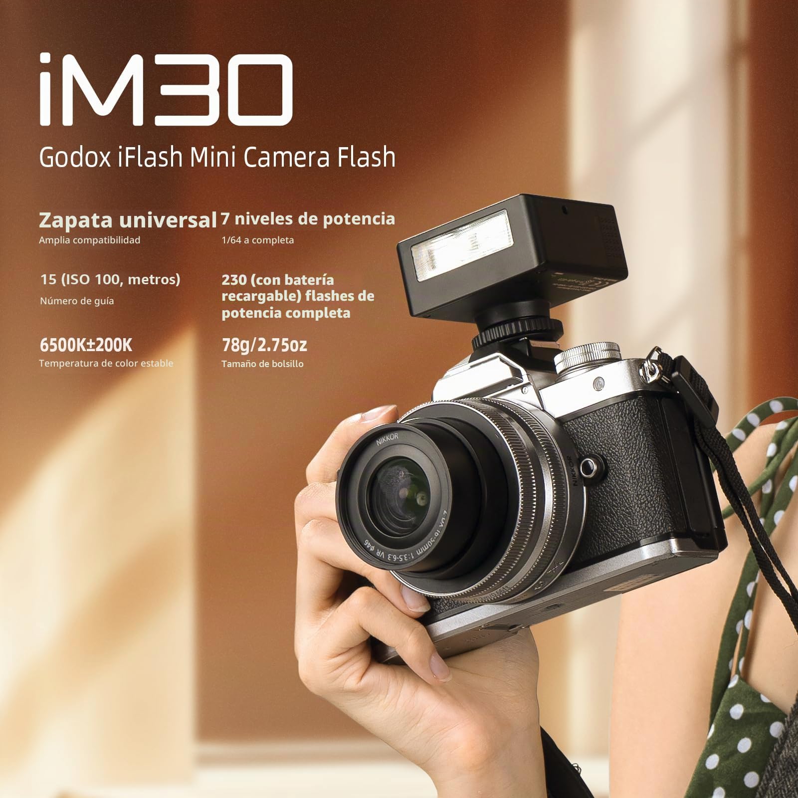 Godox iM30 Mini Flash de Cámara, 230 Flashes de Máxima Potencia, Control Óptico S1/S2, 7 Niveles de Potencia, Compatible con Zapata de un Solo Contacto