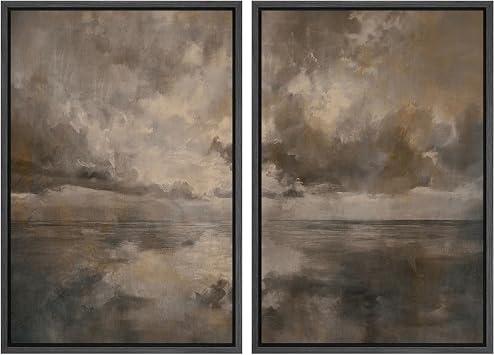 SIGNFORD Framed Canvas Print Wall Art Set Abstract Moody Ocean Horizon Abstract Seascape Illustration Modern Art Decorative Nature for Living Room, Bedroom, Office - 24"x36"x2 BLACK