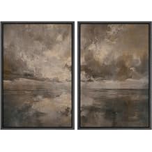 SIGNFORD Framed Canvas Print Wall Art Set Abstract Moody Ocean Horizon Abstract Seascape Illustration Modern Art Decorative Nature for Living Room, Bedroom, Office - 24"x36"x2 BLACK