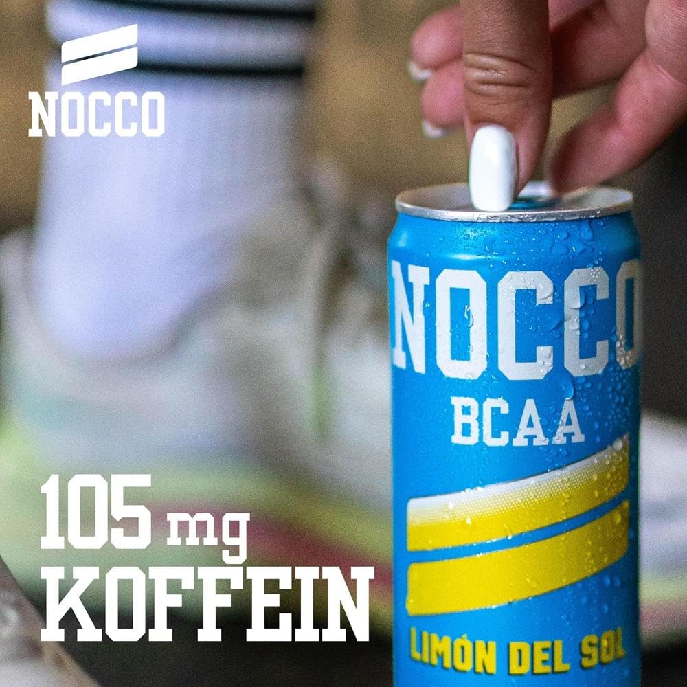 NOCCO BCAA energy drink 24er pack – zuckerfrei, vegan Energy Getränk mit Koffein, Vitaminen und Aminosäuren – Zitronengeschmack, 24 x 330ml inkl. Pfand (Limon Del Sol)