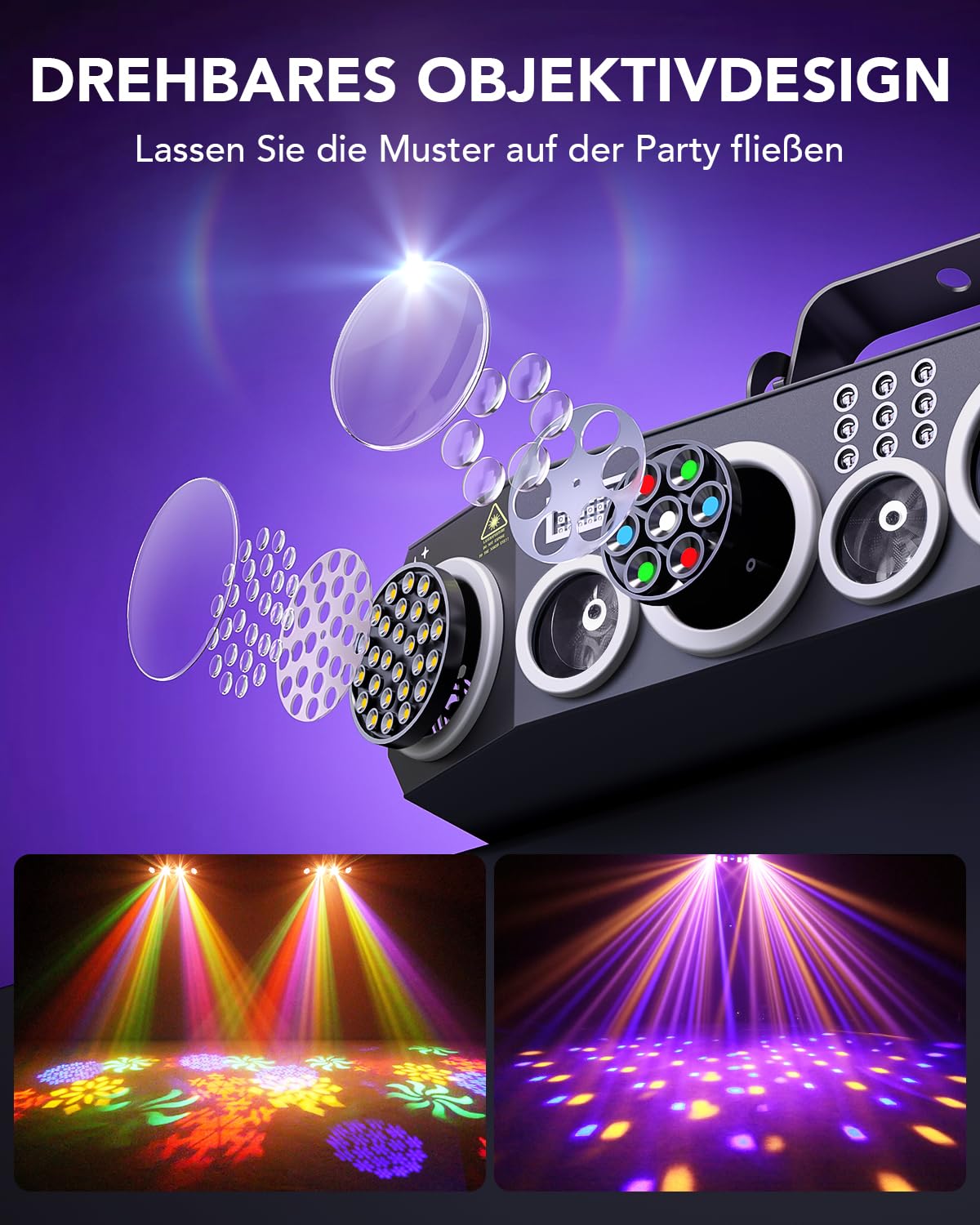 KeoBin All-in-One Schneeflocken Discolicht partylicht mit RGB & UV | Rotierende Muster, Musiksteuerung, Strobe, 3 Soundmodi, 4 Auto-Programme, DMX512, Party, Bar, Club & Weihnachtsdeko
