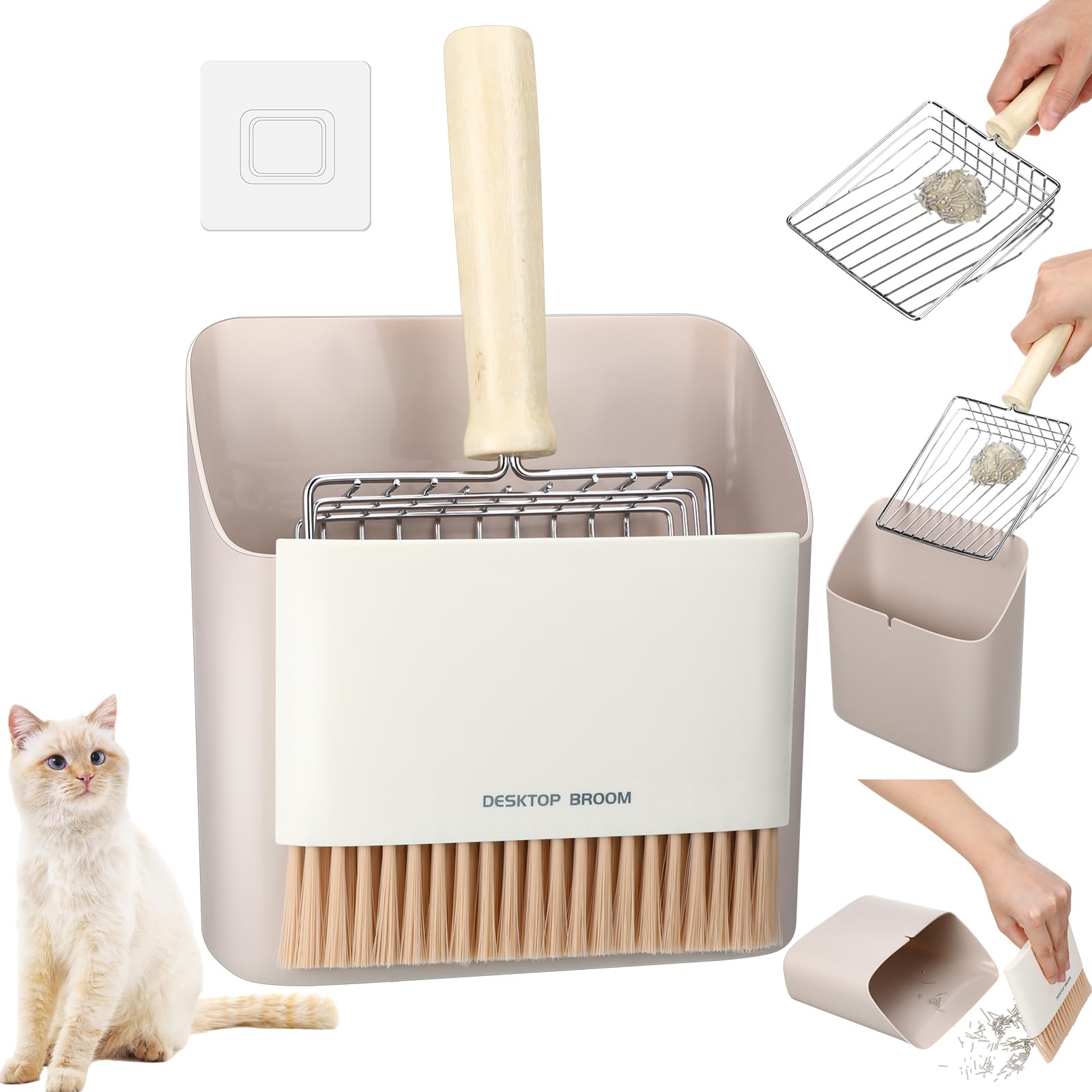 SiliFine Cat Litter Scooper Kit Wooden Handle Metal Cat Litter Scoop Includes Small Broom and Dustpan Set Portable Cleaning Brush and Dustpan Combo Kitty Litter Scooper(Coarse Grid,Gray)