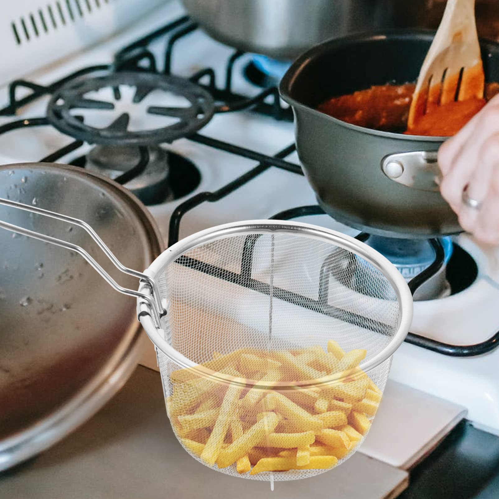 Cestello per friggitrice in acciaio inox, rotondo, con manico, per patatine fritte, pasta, spaghetti e patatine fritte, supporto per friggitrice