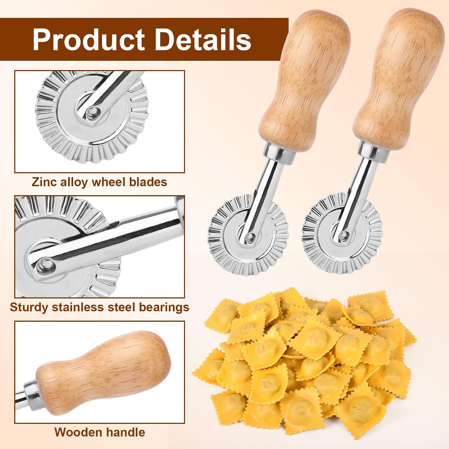 2pcs Fluted Pastry Cutter Wheels, Zinc Alloy Short Ravioli & Pasta Crimper Cutter with Wooden Handle Dough Roller Cracker Maker Tool for Home Kitchen Pizza Cookies Pie Crust Dumplings