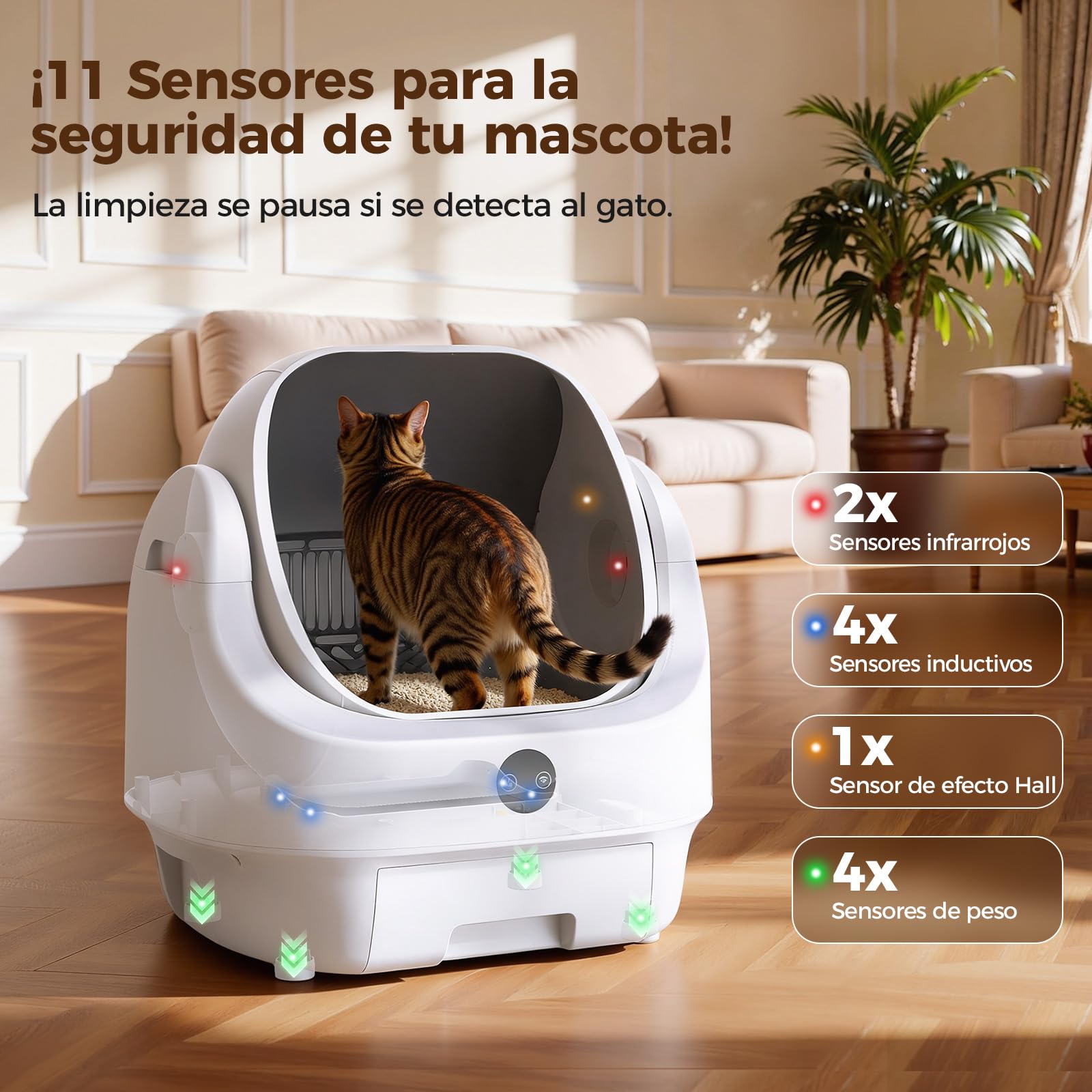 Arenero Gatos Autolimpiable Abierto, Ellenpent Caja de Arena Automática | Sin Olores e Higiénico, Capacidad Grande, Control por App, Seguro, Limpieza Rápida, Adecuado para Hogares con Varios Gatos