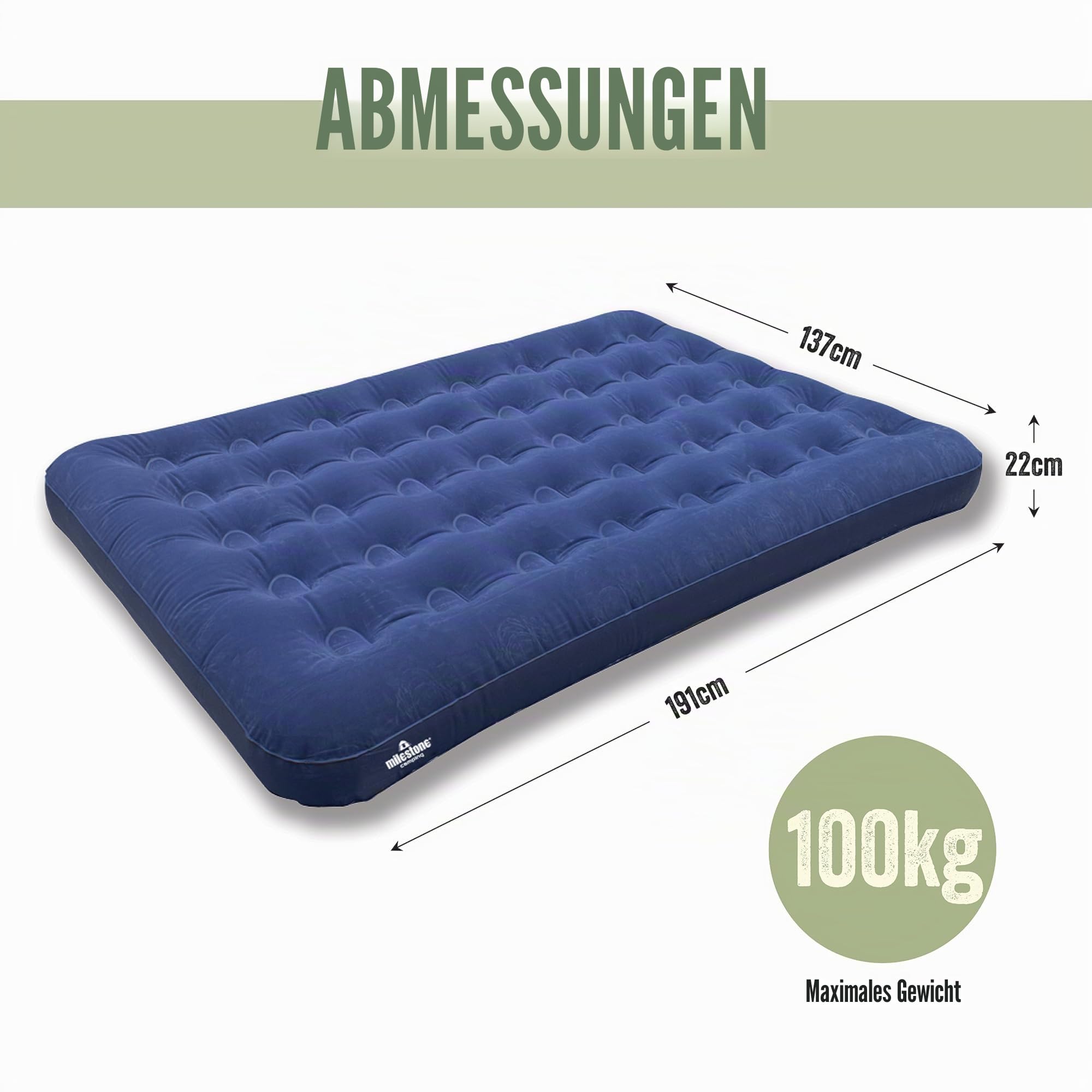 Milestone Camping 88010 Beflockte Luftmatratze für zwei leute/Einfaches Aufpumpen und Luftablassen/Für draußen geeignet/Perfekt für Campingplatz, Festival, Besuch von Freunden und Familientreffen