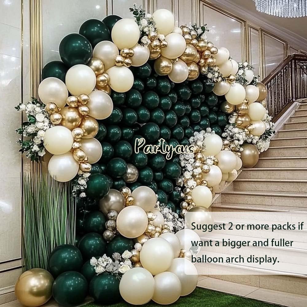 Emerald Green Gold Balloon Arch Kit, Double Stuffed Dark Forest Green Pearl White Sand Ivory Balloon Garland for Birthday Wedding Anniversary Graduation Jungle Mother's Day New Year Party Decoration