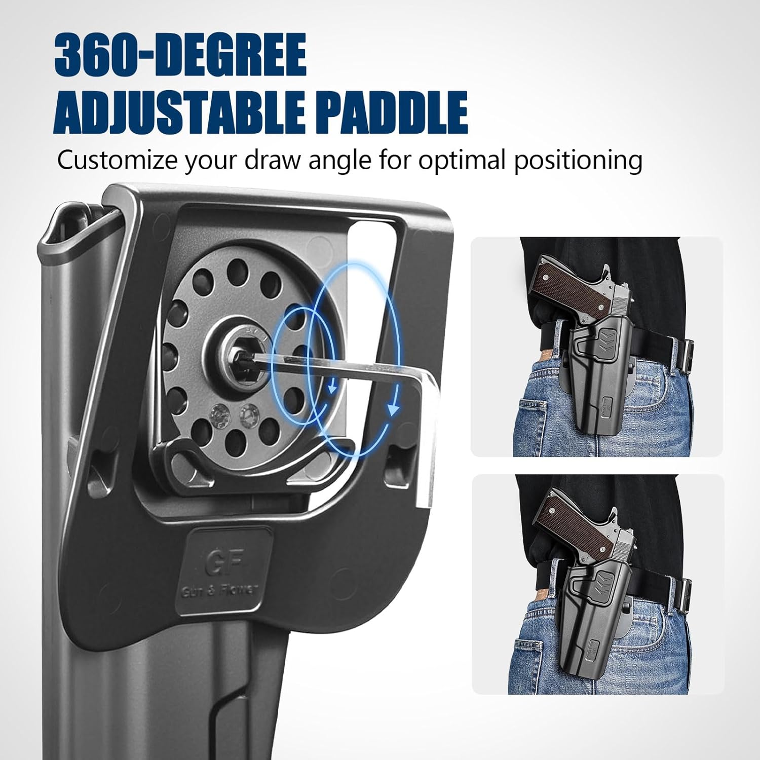 GUN & FLOWER Paddle OWB Holster for Glock 17/19, Taurus G2C/G3C, 1911 5" No Rail, with Molle Adapter, Index Finger Release, 360° Adjustable Paddle, Right Handed Outside Waistband Carry