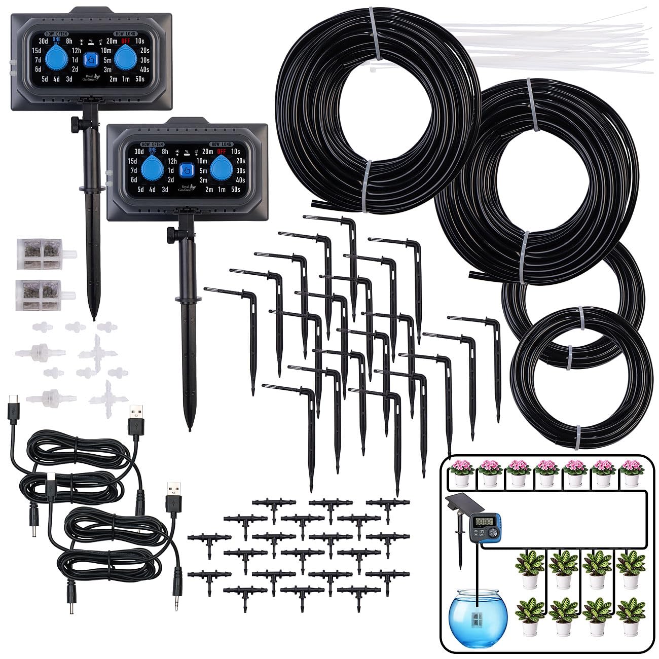 Royal Gardineer Bewässerung System Sets: 2er-Set Solar-Bewässerungssystem für 30 Pflanzen, Pumpe, bis 45 l/Std. (Bewässerung mit Solarpanel, Bewässerungscomputer mit Pumpe)