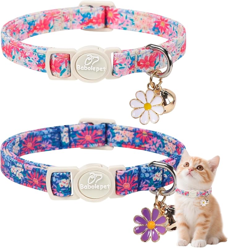 Coleira floral ajustável com fecho de segurança, sino e pingente Babole Pet para gatos e cães pequenos, pacote com 2