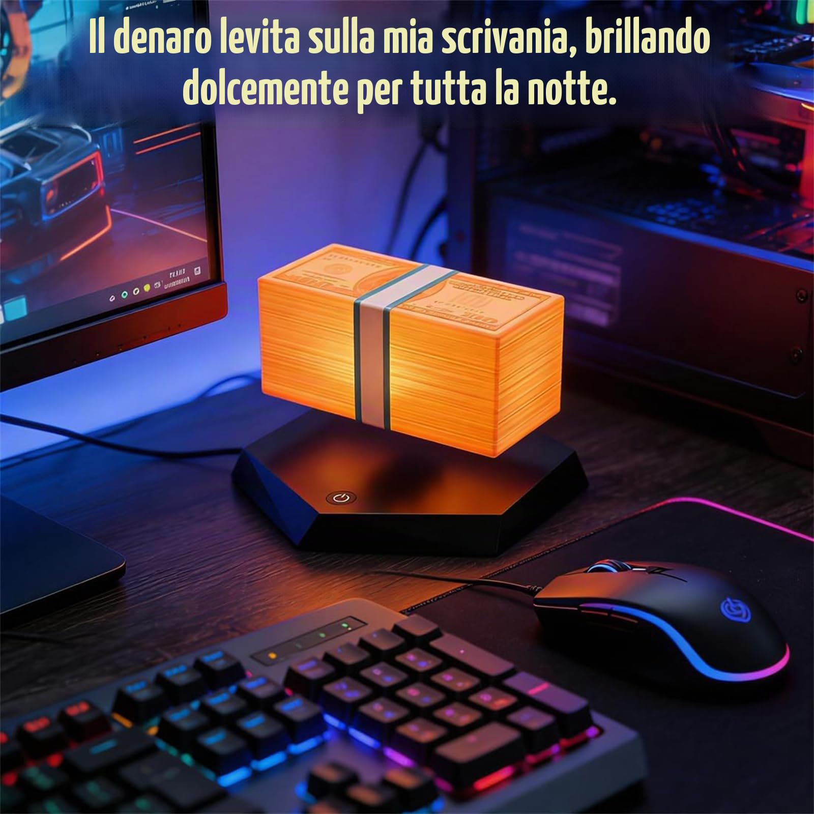 Lampada da soldi galleggiante, lampada da dollaro a levitazione magnetica con luce ambientale a LED a 3 colori, rotazione a 360°, gadget da scrivania per l'arredamento dell'ufficio della sala giochi