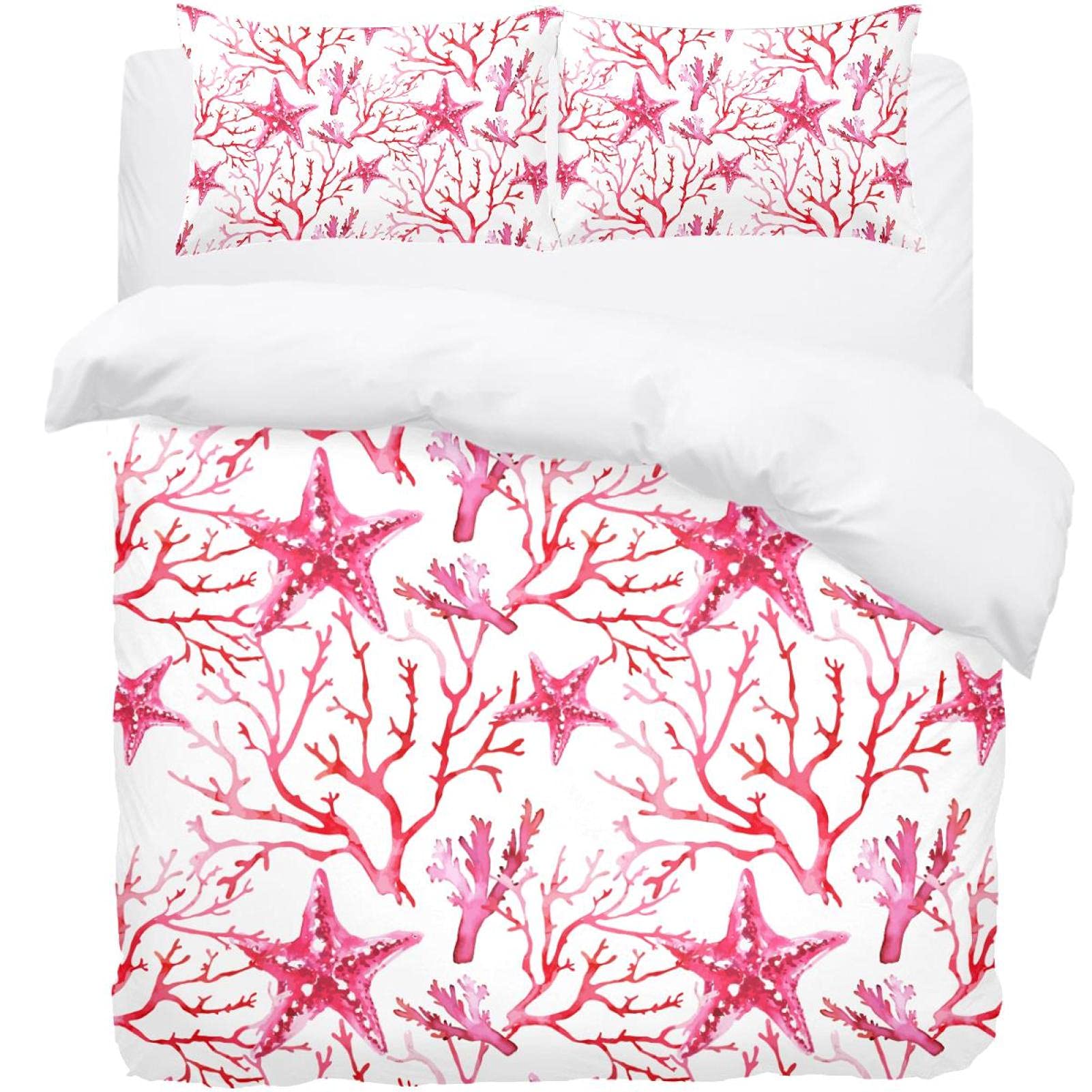 Housse de couette étoiles de mer rose avec ses taies pour chambre bord de mer