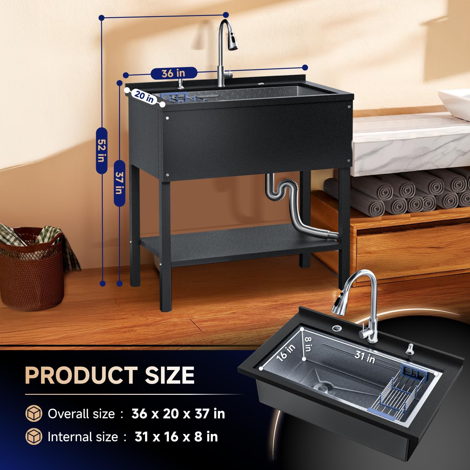 Stainless Steel Utility Sink,36" Freestanding Sink with Cold and Hot Water Faucet,Hoses and Drain Kit Commercial Kitchen Single Bowl,Laundry Sin k for Kitchens,Laundry Room, Garage (36x20x52 Black)