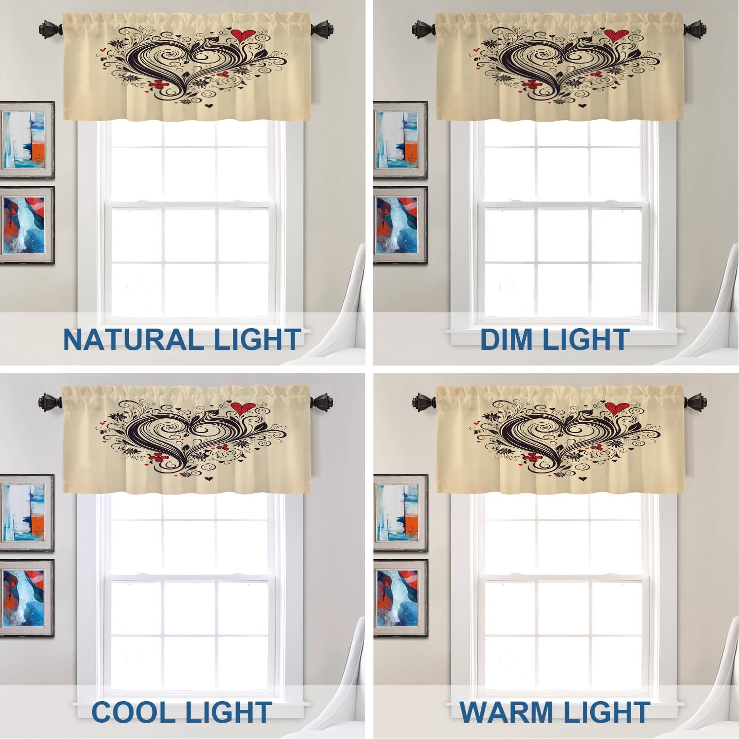 Batmerry Heart Shape with Swirls Valance Curtains, Black and Red Window Treatment Kitchen Valances Multilayer Polyester Blackout for Living Room/Bathroom, 2 Pack 52x18 inches