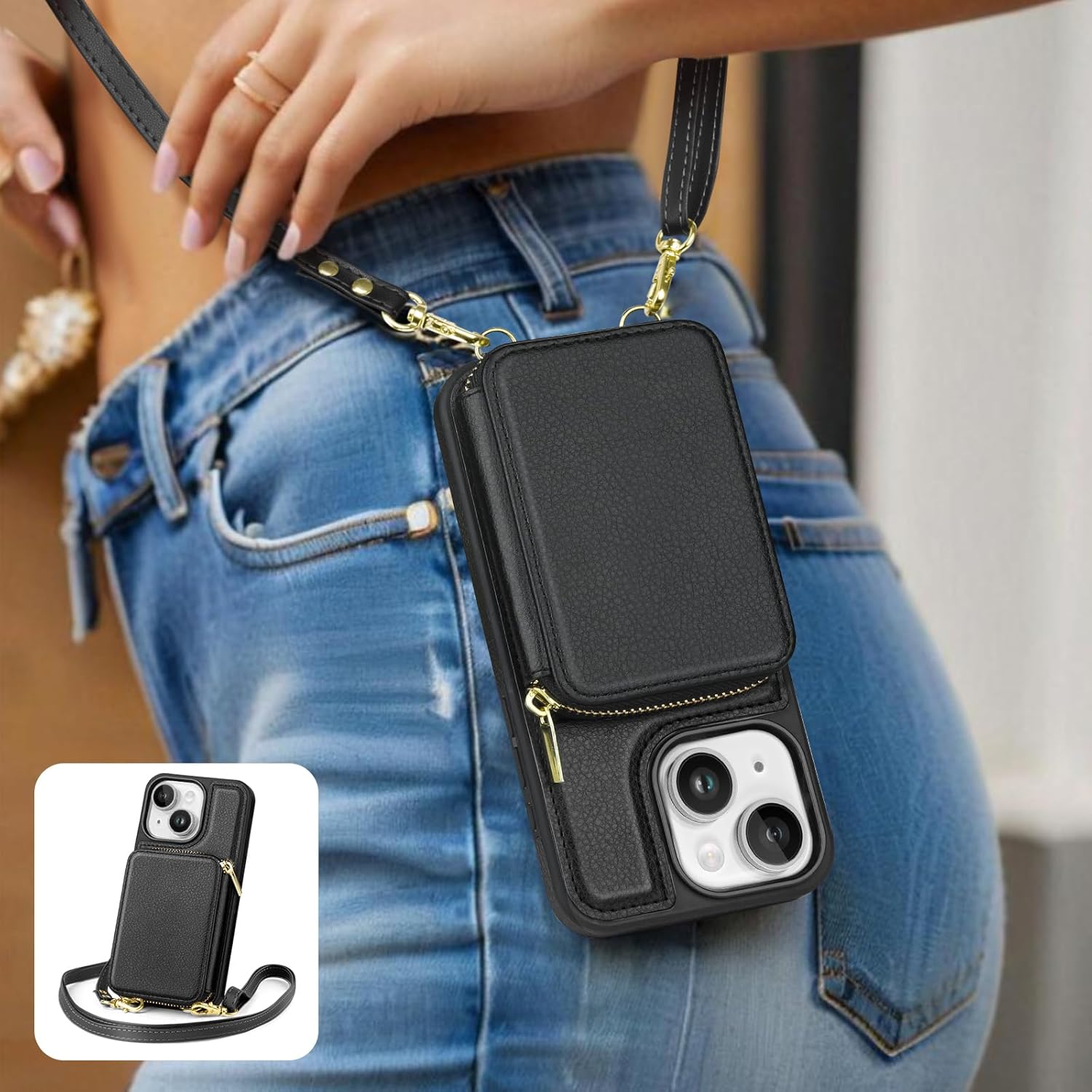 Compatible with iPhone 13 Wallet Case for Women【RFID Blocking】 Crossbody Phone Case PU Leather Zipper Handbag Wrist Strap Cover Credit Card Holder,for Apple 13 6.1",Black - Image 6