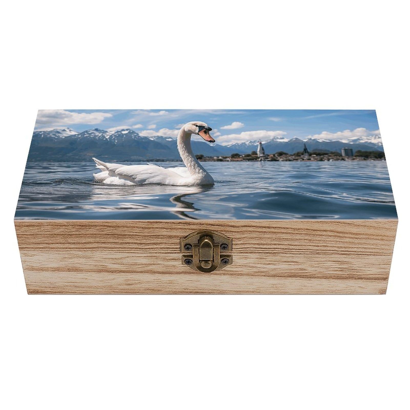 Boîte en bois souvenir haut de gamme au motif cygne épuré