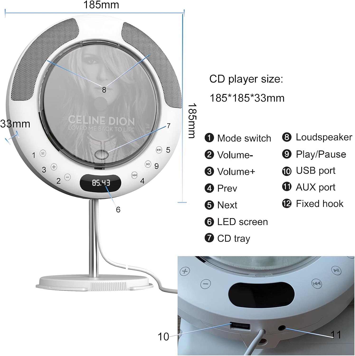 Diagram of 9H KC-607 Portable CD Player showing dimensions and numbered components like mode switch, volume, speakers, LED screen, CD tray, USB port, and AUX port.