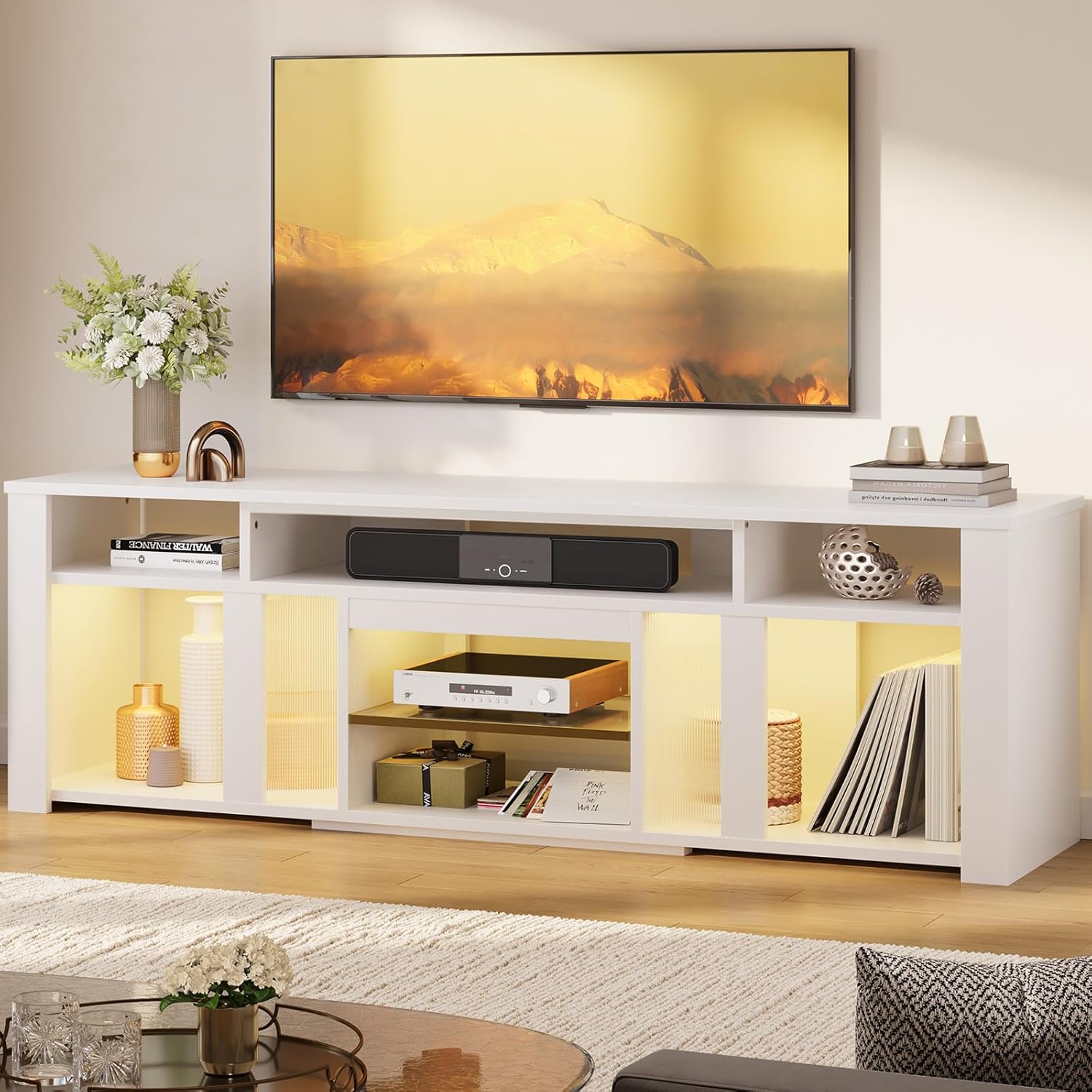 Bestier 80’’ LED TV Stand for 65/75/85/90 Inch TVs, Tall Entertainment Center with Storages for P55, Modern TV Console with Adjustable Shelves for Living Room Bedroom, White - Image 7