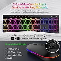 Vista 3 de Combo de teclado y mouse inalámbricos con retroiluminación, teclado ergonómico de tamaño completo 2.4G con letras iluminadas, mouse RGB recargable