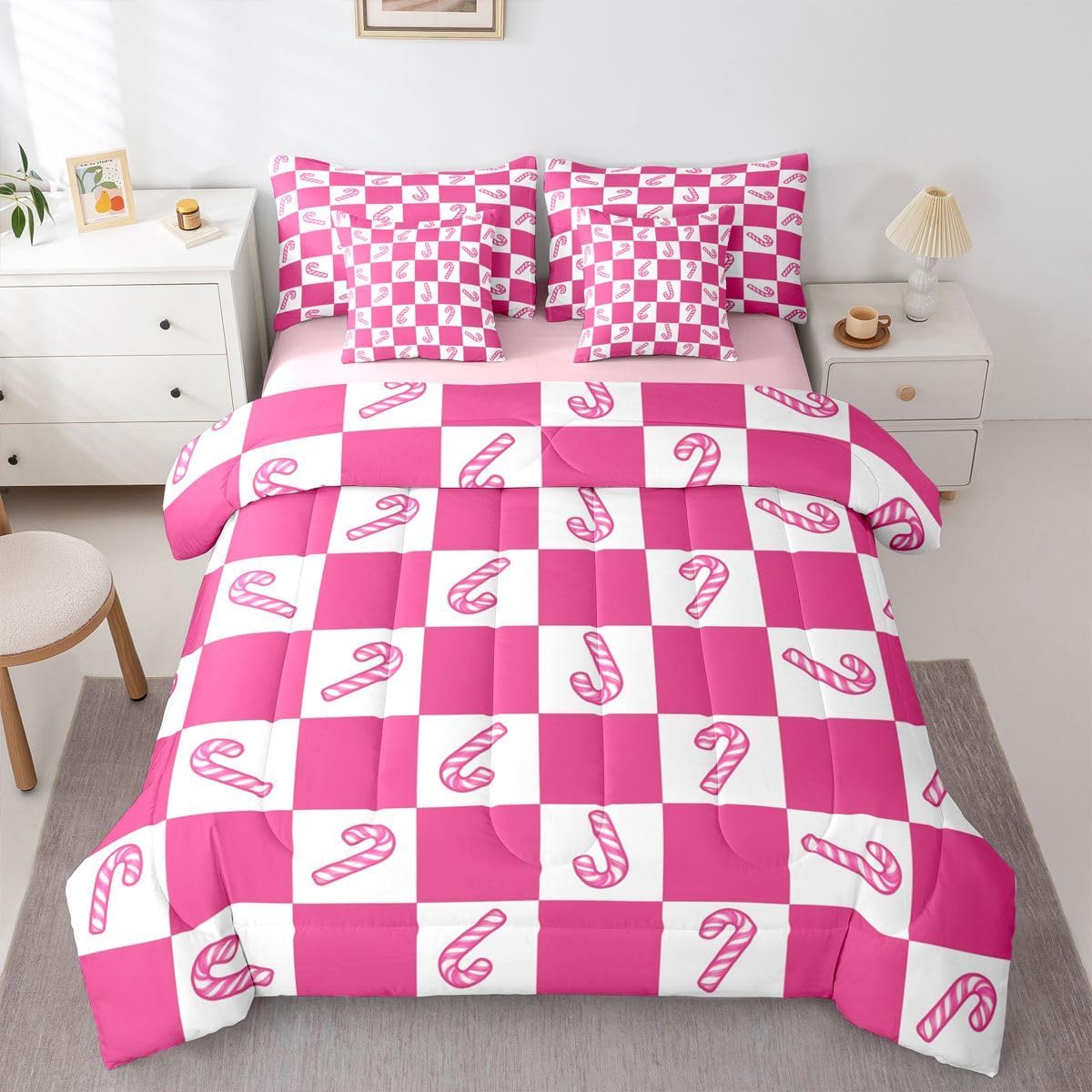 Erosebridal Christmas Candy Cane Queen Comforter Set for Kids Teens Adults - Pink White Plaid Checkered Bed in a Bag Christmas Ornaments 7-Piece Bedding Set Cute Candy Cane Quilt Duvet Sets