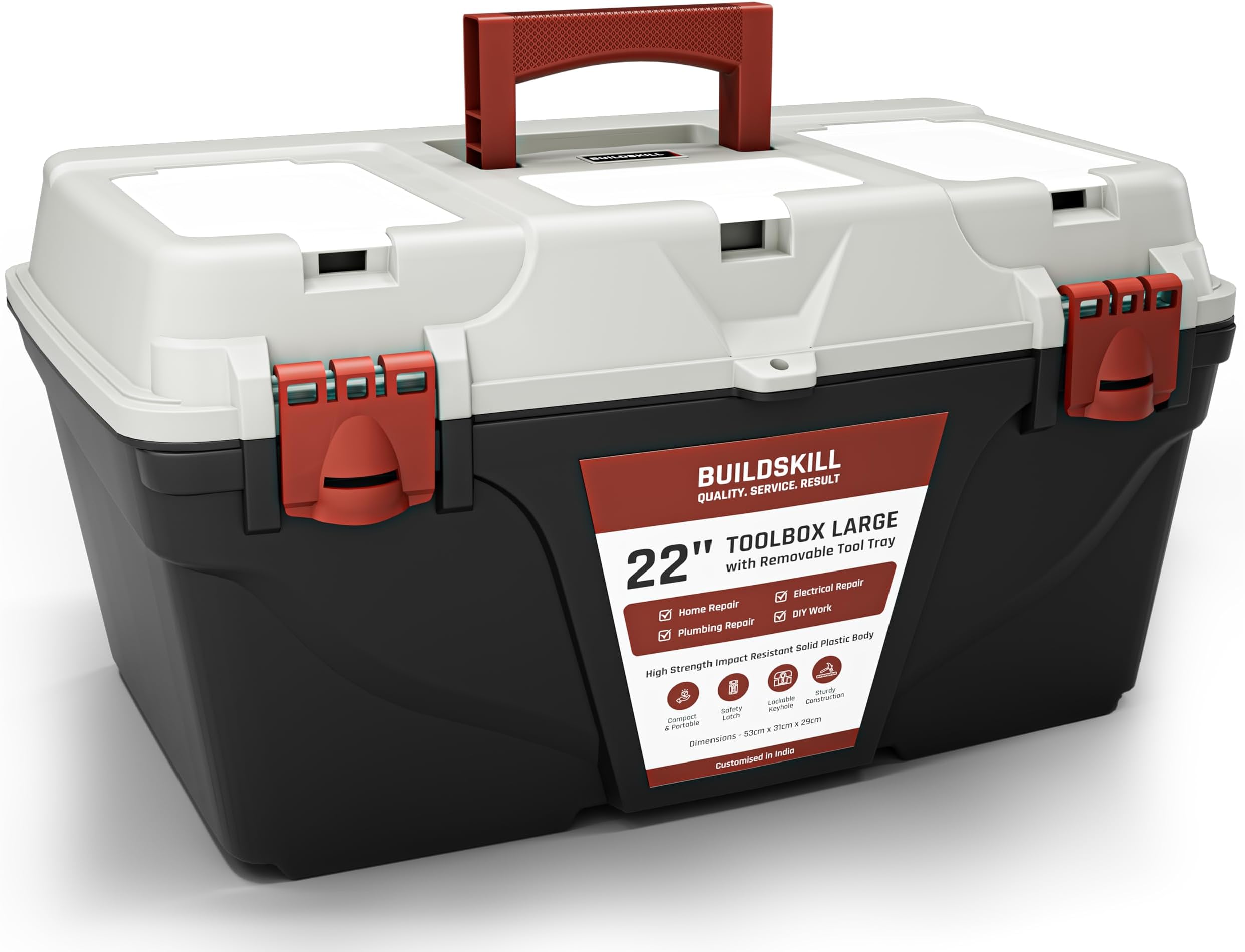 BUILDSKILL 22" Large Tool Box for Home | Convenient Top Lids & Removable Tool Tray | Secure Latch Lock | Key Hole | Heavy Duty Impact Resistant Body | Ideal Repair Toolbox for DIY & Professional Use