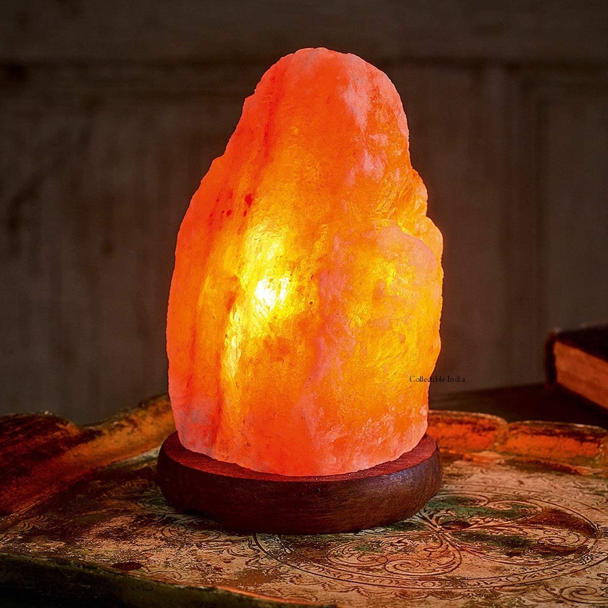 Collectible India Natural Himalayan Rock Salt Lamp Original Pink Crystal - Air Purifier with Wooden Base (3-4 Kg)