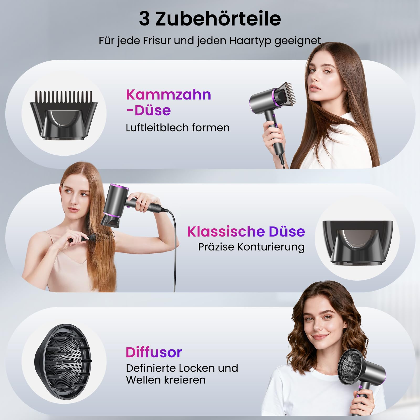 Haartrockner Negativen Ionen 2200W 60000 U/min, mit bürstenlosem Motor, 3 Kalt-/Heißluft-Stufen, schnelle Aufheizung, konstante Temperatur, leise, inklusive Wärmeverteiler und Düse