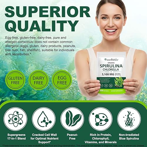 Miniatura 7 de NIFEISHI Cápsulas de espirulina orgánica, 3100 mg por porción, suplemento de polvo de Spirulina Chlorella, suplemento de algas verdes rico en