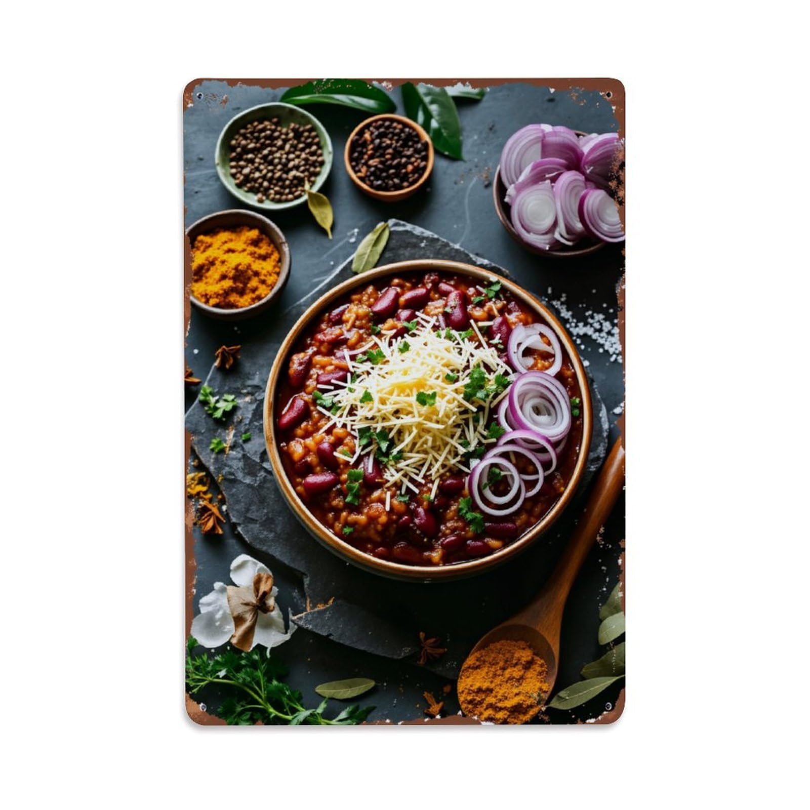 Chili Beans Cheese Onion Spice Retro Metal Tin Sign, Vintage Decor Art Poster for Bar, Home, Man Cave, Kitchen, Laundry Room Gift 8x12Inch