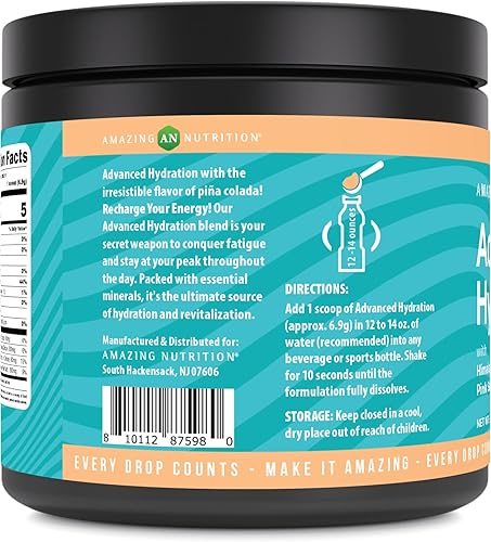 Miniatura 6 de Amazing Nutrition Hidratación avanzada, polvo de electrolitos, 30 porciones, empaquetado con minerales esenciales, sin azúcar, apto para dieta