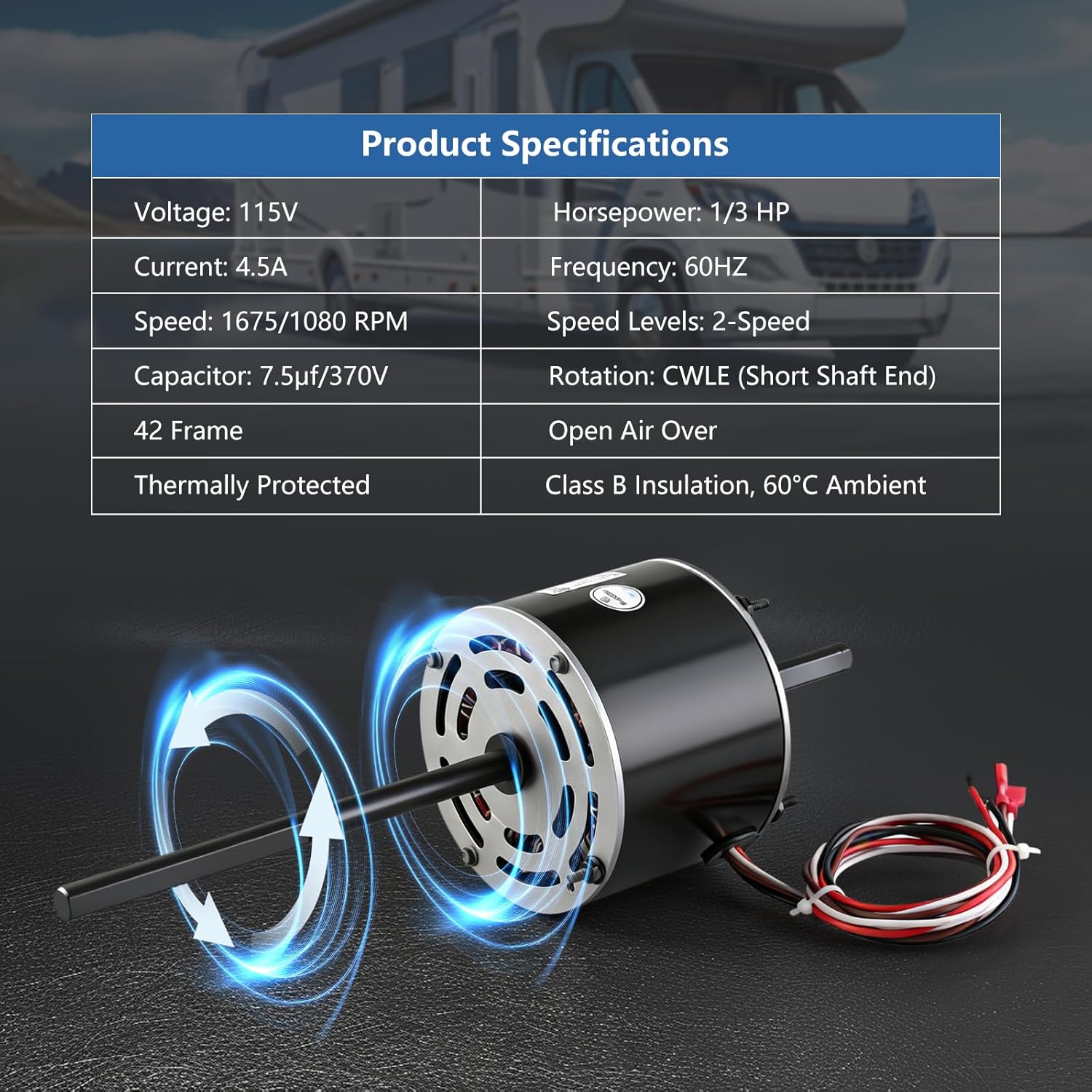 RV AC Fan Motor Replaces Fasco D1092, Compatible with Coleman mach 1468-306, 1468-3069, 7184-0156, 7184-0432, 7855MVA-A11U, RV Air Conditioner Motor with Capacitor, 1/3 HP, 115V, 1675/1080RPM 2-Speed
