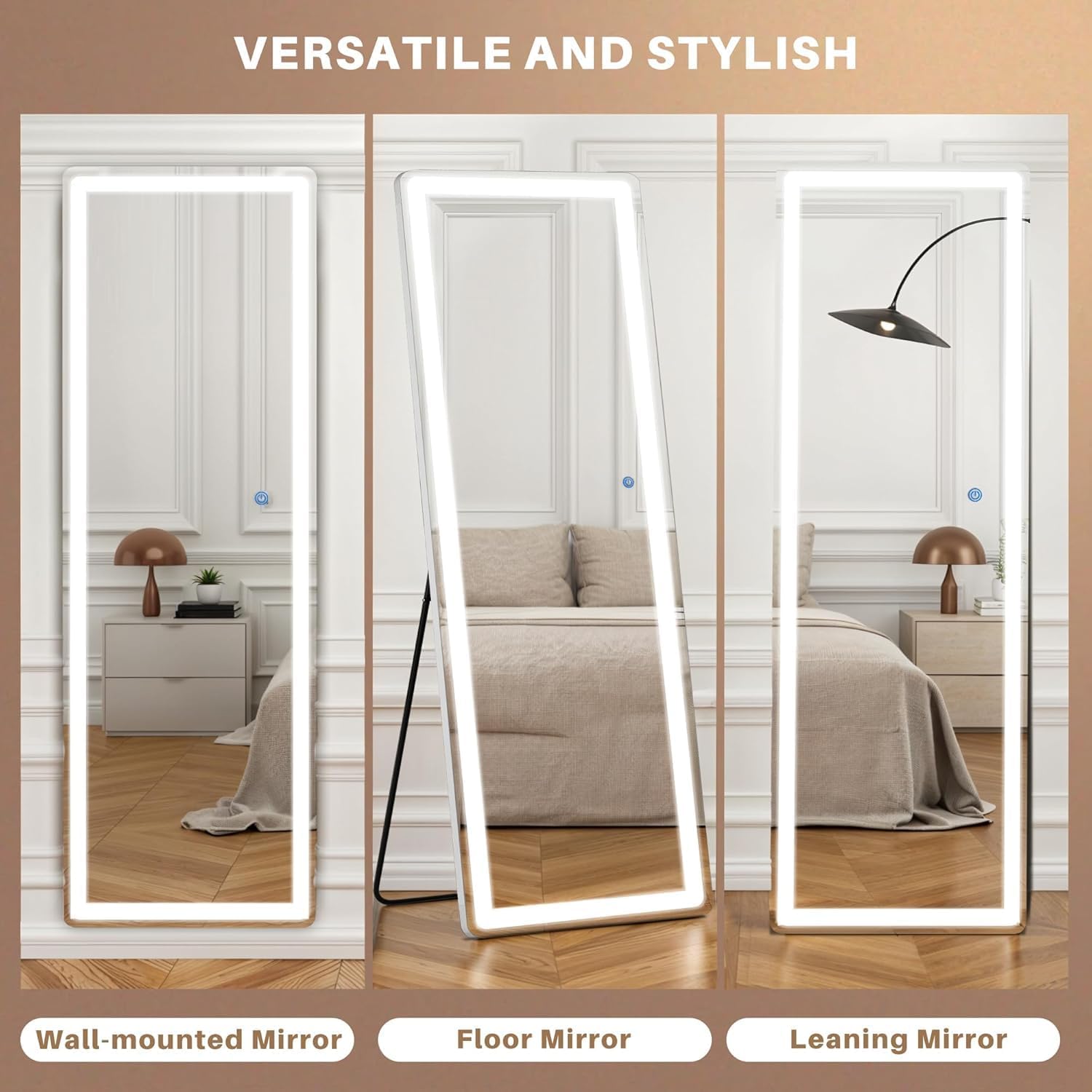 Mirror Full Length with LED Lights, 16"x60" Full Body Wall Mirror, Lighted Floor Standing Mirror, Hanging or Leaning w/Dimming 3 Color Lighting, Tall Mirror for Modern Home Decor