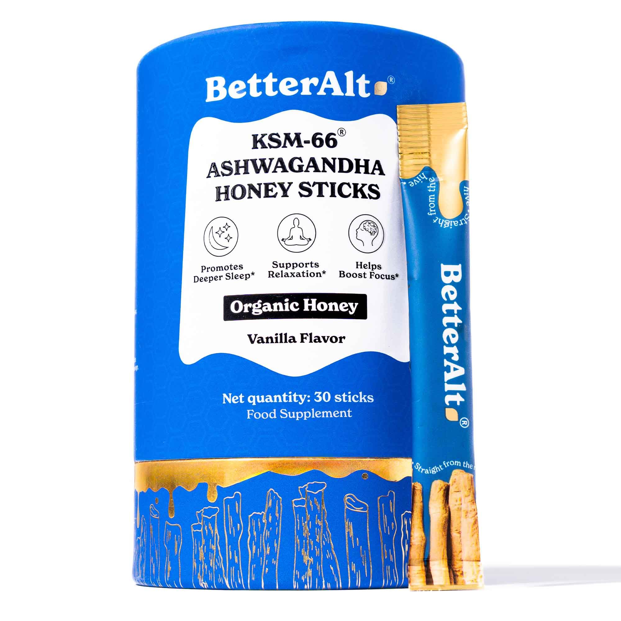 Better Alt KSM 66 Ashwagandha Honey Sticks |Organic Multiflora Himalayan Honey | Helps Promote Relaxation, Focus |1 Month Pack