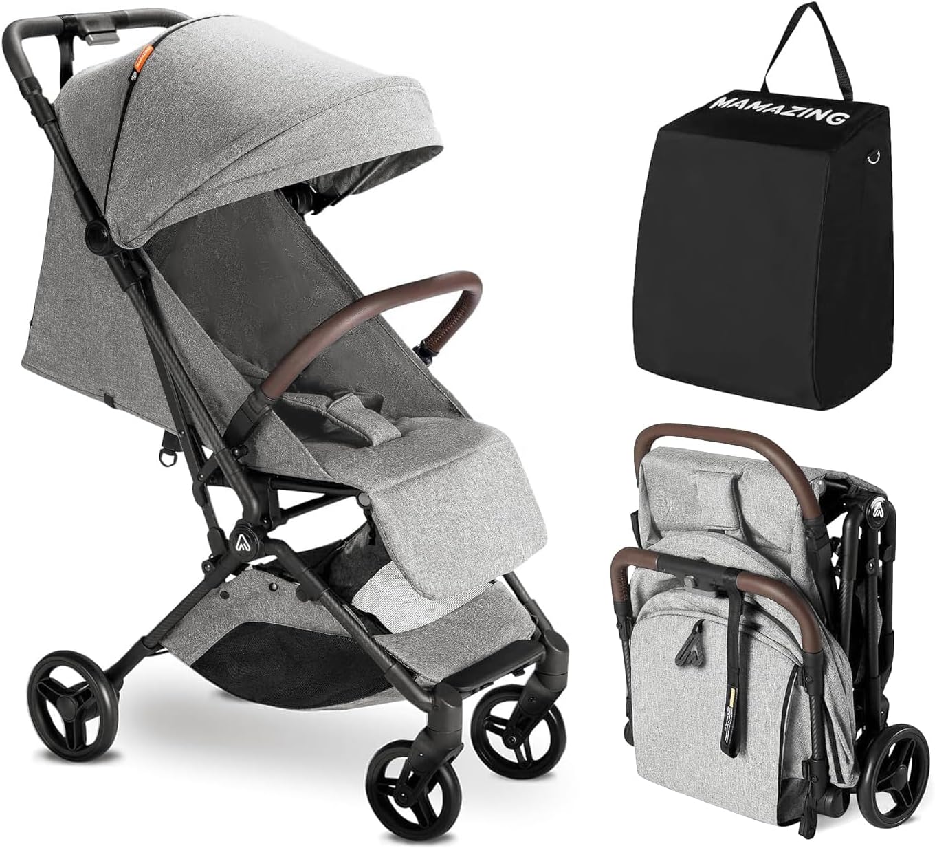 MAMAZING Lightweight Baby Travel Stroller with Carbor Fiber Frame, Compact & Airplane-Friendly, One-Handed Folding Design, 11.6 lbs, Perfect for Toddlers, Grey
